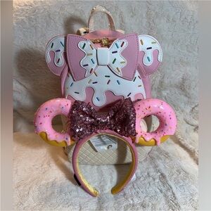 NEW Loungefly Minnie Mouse Disney Sundae PALM Mini Backpack and Donut Ears Lot
